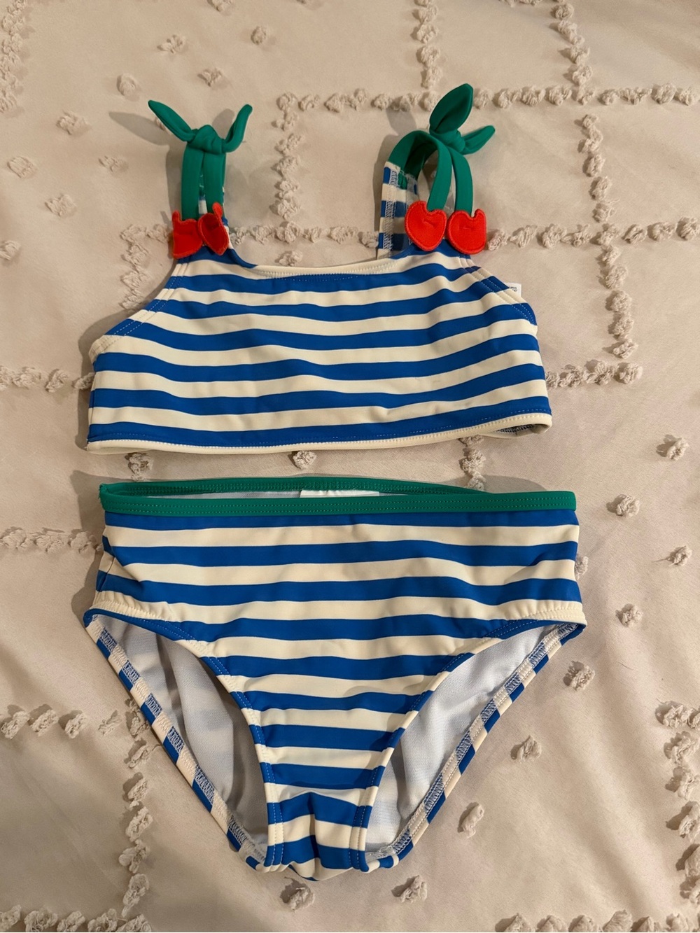 Blue & White Striped Two-Piece Swim with Green Straps & Red Cherries - Boden 5/6